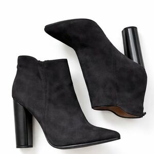 Black Faux Suede Pointed Toe Ankle Boots Cylindrical Block Heel Back Zip Booties